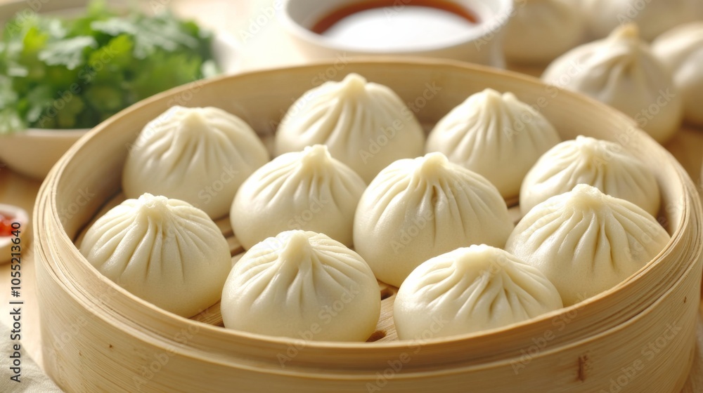 Dumplings in Traditional Bamboo Steamer with Sauces Dumplings in Traditional Bamboo Steamer with Sauces
