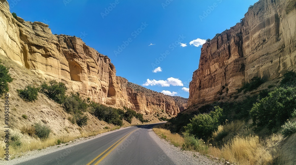 A solitary road curving through a canyon, with towering cliffs on either side and no signs of life for miles A solitary road curving through a canyon, with towering cliffs on either side and no signs of life for miles