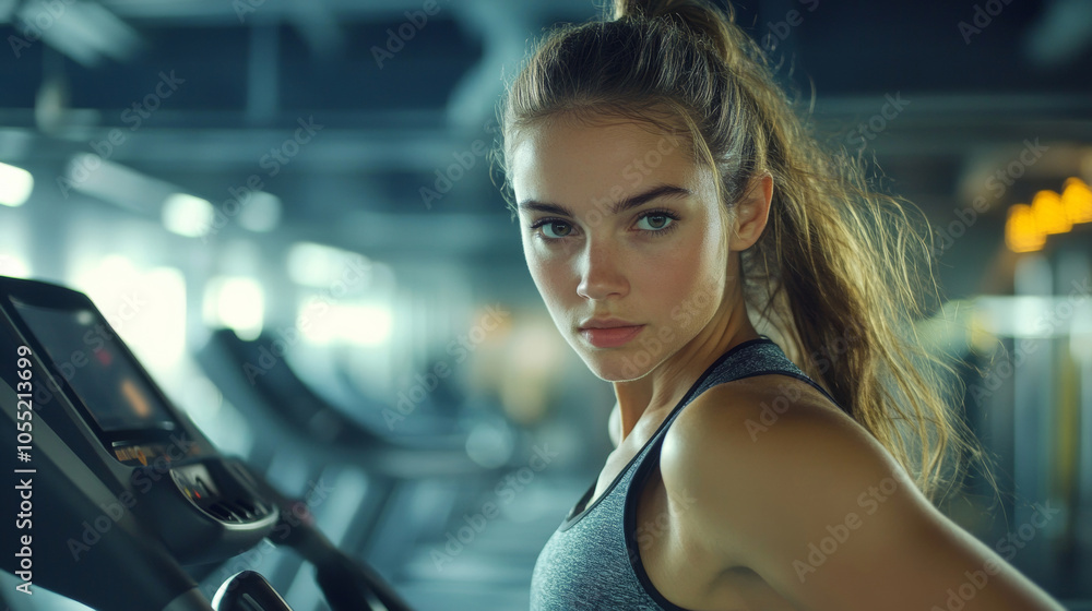Athletic muscle young woman in sportswear running and exercising on treadmill in gym. Positive healthy lifestyle and sports side view Athletic muscle young woman in sportswear running and exercising on treadmill in gym. Positive healthy lifestyle and sports side view
