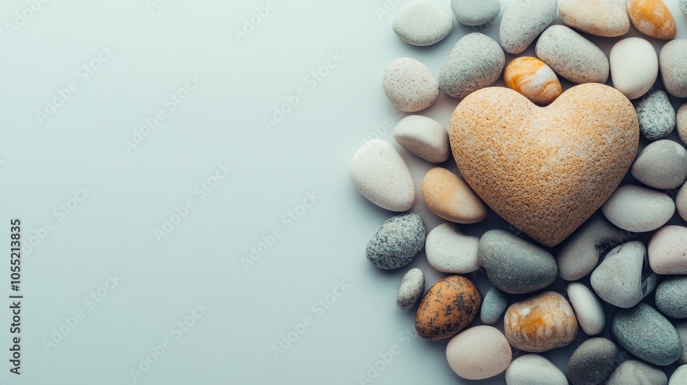 Heart-shaped stone surrounded by smooth stones on light background Heart-shaped stone surrounded by smooth stones on light background