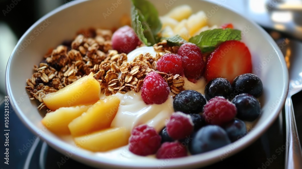Fruit and Granola Parfait in a White Bowl Fruit and Granola Parfait in a White Bowl