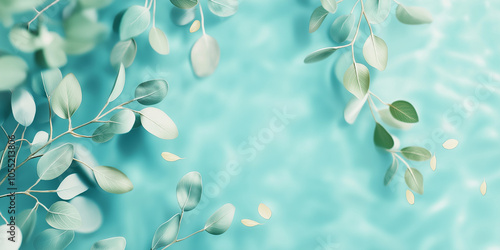 Delicate green leaves float on a calming blue background, creating a tranquil and refreshing atmosphere.