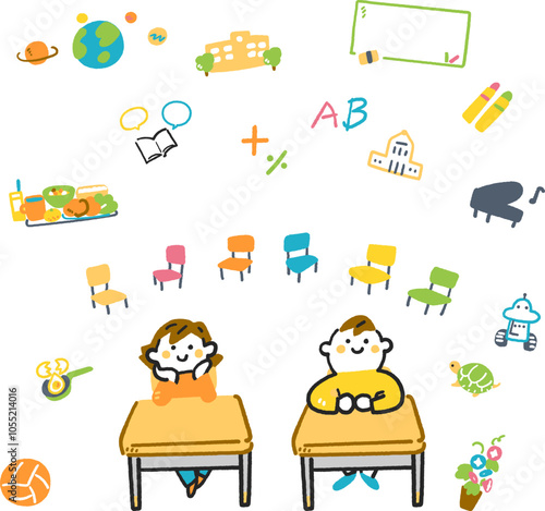 2人の小学生と小学校の活動にかかわるアイコンのセット　ストックイラスト素材

