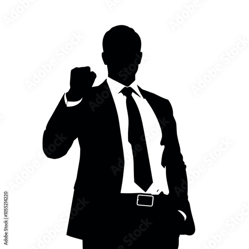 A businessman silhouette standing with a raised fist, giving a motivational gesture