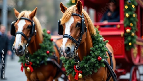 Two brown horses decorated with festive garlands pull a vibrant red carriage adorned with green wreaths and golden accents, creating a joyful scene.