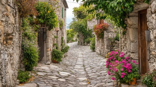 A weathered cobblestone path through an ancient town, the stones reflecting the rich history and charm of the area