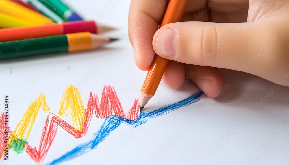 A Child's Hand Drawing with Colored Pencils on White Paper A Child's Hand Drawing with Colored Pencils on White Paper