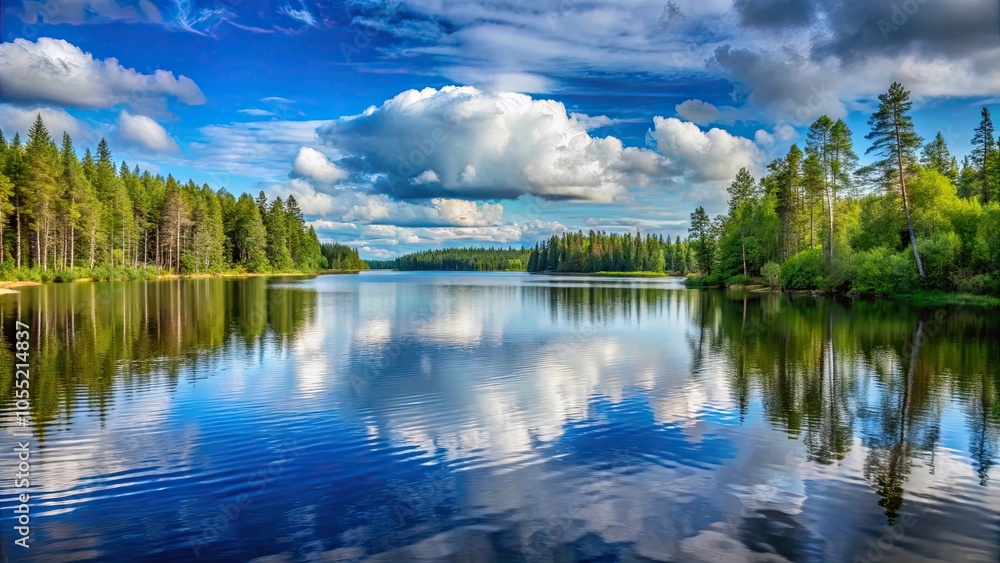 Fototapeta premium Quiet smooth lake surrounded by a forest of trees and fir-trees under a cloudy blue sky in Karelia, serene, tranquil, peaceful