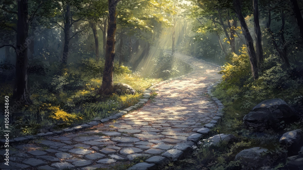 Obraz premium A winding cobblestone road that cuts through a forest, with sunlight filtering through the trees and dancing on the stones