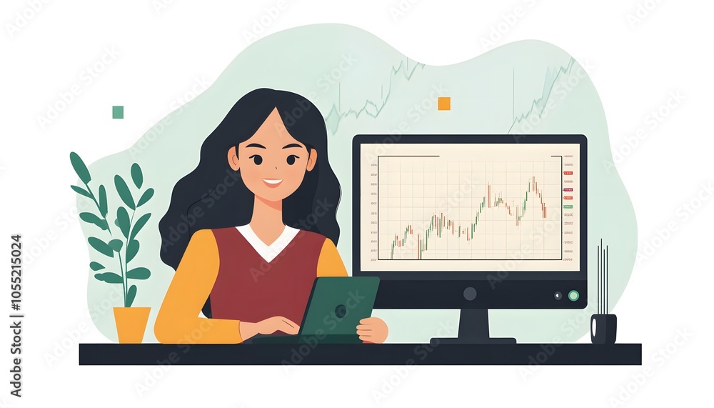 Woman Analyzing Stock Market Data on Laptop and Desktop Computer Woman Analyzing Stock Market Data on Laptop and Desktop Computer