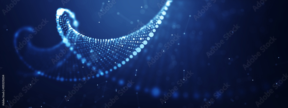 custom made wallpaper toronto digitalAbstract digital DNA helix with glowing nodes and geometric shapes on a dark blue backdrop, symbolizing biotechnology and genetic research.