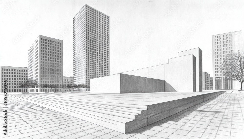 Fototapeta premium Black-and-white architectural drawing with layered perspective lines, capturing the essence of urban design