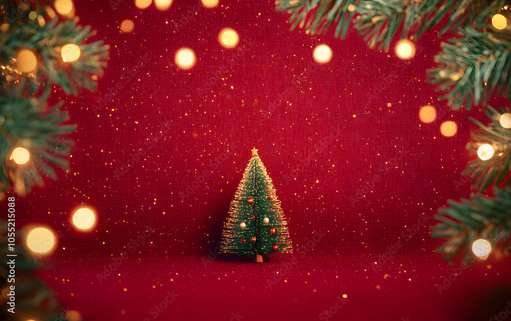 Christmas background with xmas tree and sparkle bokeh lights on red canvas background. Merry christmas card. Winter holiday theme. Happy New Year. Space for text Christmas background with xmas tree and sparkle bokeh lights on red canvas background. Merry christmas card. Winter holiday theme. Happy New Year. Space for text