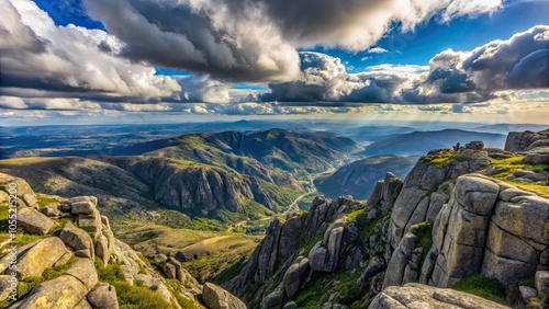 Dramatic view from the Torre peak in Serra da Estrela, Portugal, Mountain, Landscape, Scenic, Sky, Clouds, Rocks