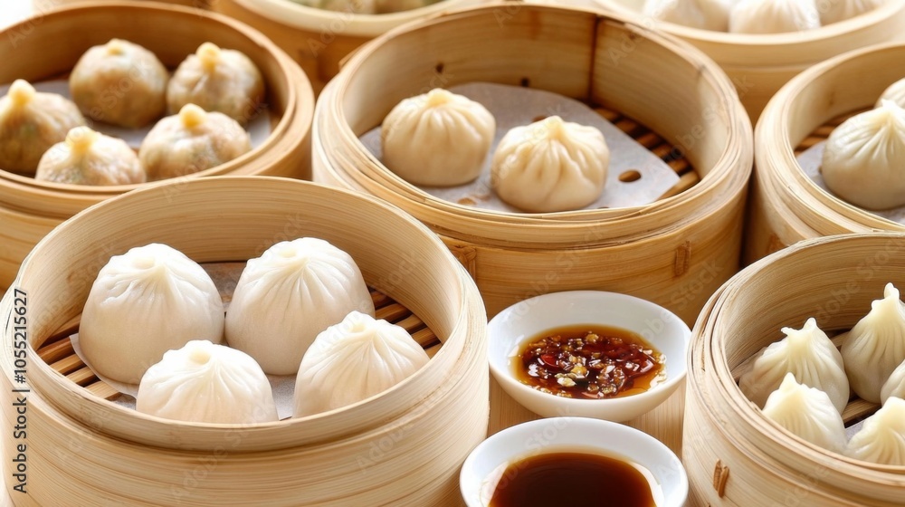 Fresh Dumplings in Bamboo Steamer with Dipping Sauce Fresh Dumplings in Bamboo Steamer with Dipping Sauce