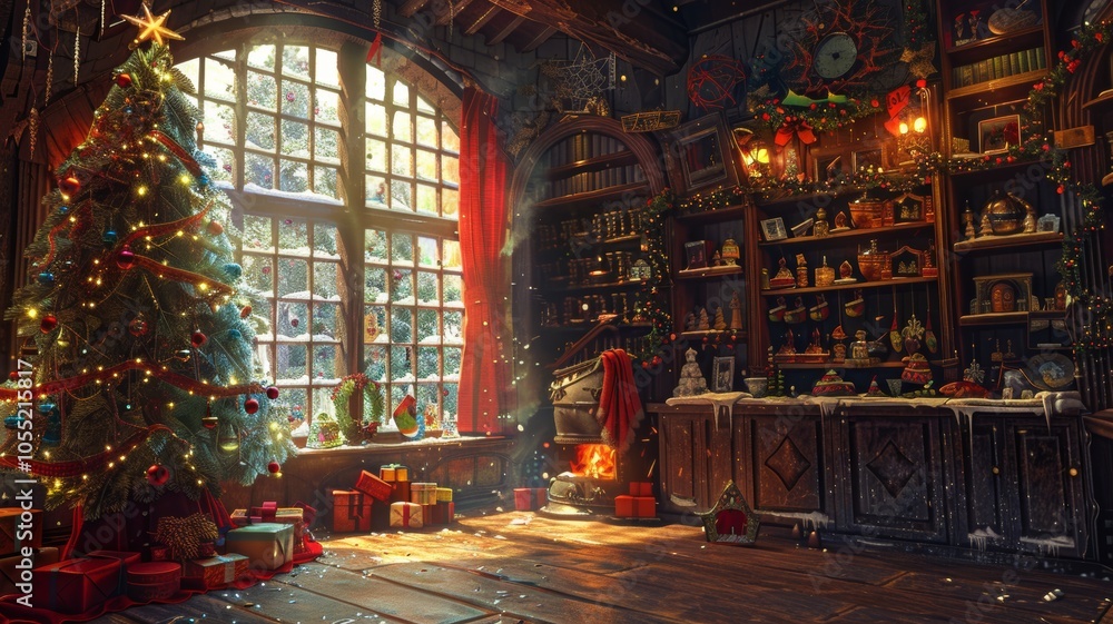 Obraz premium The magical Christmas workshop, Cozy christmas scene with decorations, a warming fireplace and a christmas tree, Happy christmas, full of seasons greetings