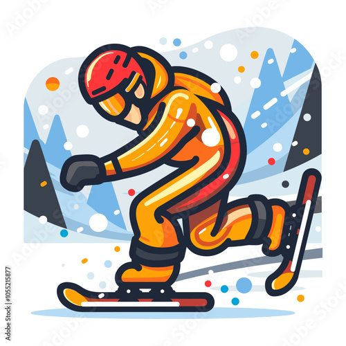 A man in orange ski gear is skiing down a snowy slope. The image has a bright and energetic mood, with the skier's orange outfit and the snow-covered landscape