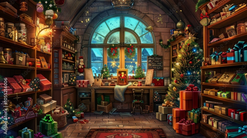 Obraz premium The magical Christmas workshop, Cozy christmas scene with decorations, a warming fireplace and a christmas tree, Happy christmas, full of seasons greetings