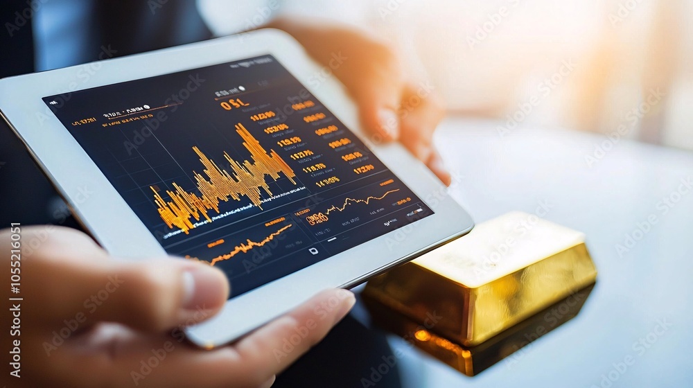 Hands holding a tablet displaying gold market data beside a gold bar, perfect for illustrating modern investment analysis. Hands holding a tablet displaying gold market data beside a gold bar, perfect for illustrating modern investment analysis.