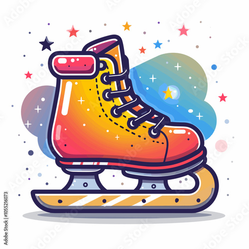 A cartoonish drawing of a pair of skates with a starry background. The skates are yellow and orange and appear to be on a snowboard