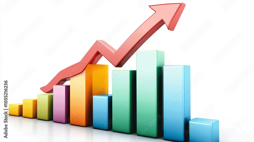 A dynamic upward arrow rises over colorful bar graphs representing fluctuating data trends and chaos in analytics A dynamic upward arrow rises over colorful bar graphs representing fluctuating data trends and chaos in analytics