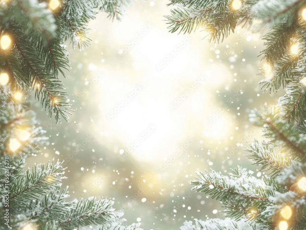 Snow-dusted pine branches with warm lights and a soft bokeh background, creating a serene winter scene. Snow-dusted pine branches with warm lights and a soft bokeh background, creating a serene winter scene.