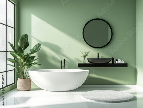 Light green walls in a sleek bathroom with white flooring and black fittings