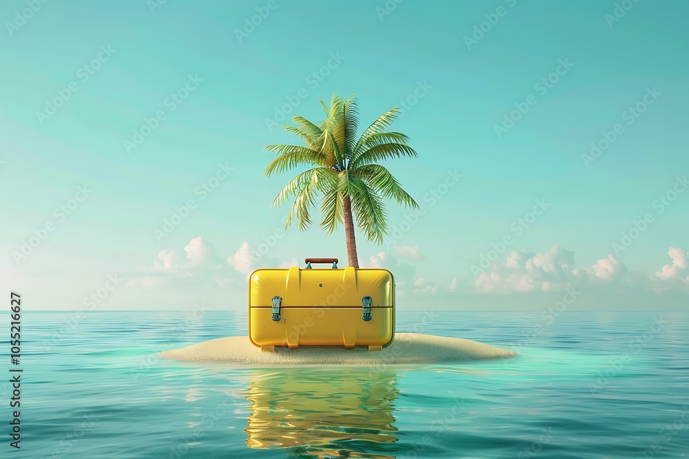 Fototapeta premium Yellow Suitcase on Island with Palm Tree