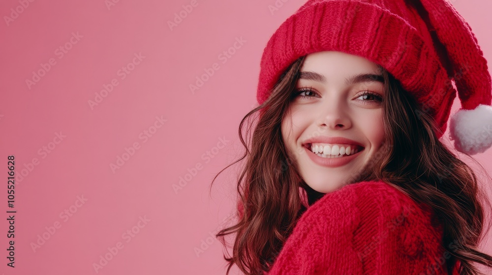 A young woman in a red knit hat smiles brightly at the camera against a pink background. A young woman in a red knit hat smiles brightly at the camera against a pink background.