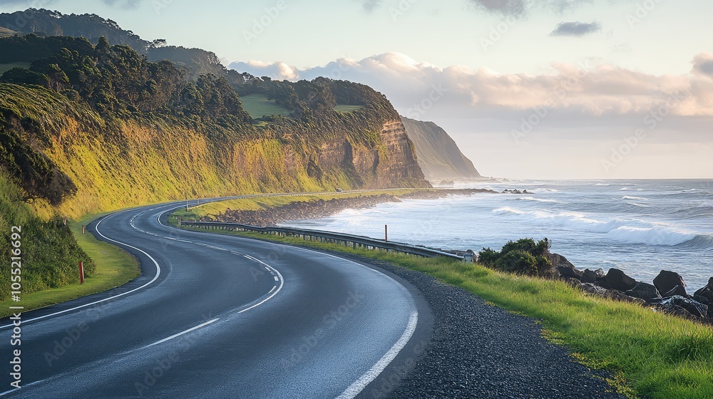 An empty highway curving around a scenic coastal cliff, with ocean waves crashing against the rocks below An empty highway curving around a scenic coastal cliff, with ocean waves crashing against the rocks below