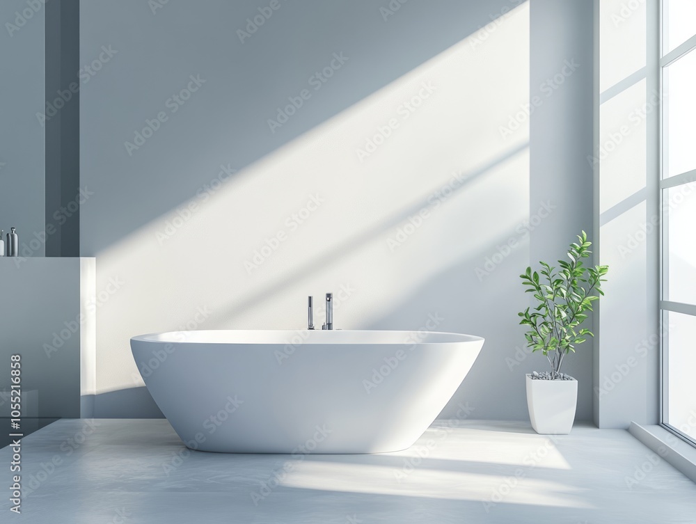 Light grey walls in a minimalist bathroom featuring a freestanding tub and recessed lighting Light grey walls in a minimalist bathroom featuring a freestanding tub and recessed lighting