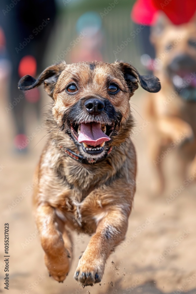 Mixed breed dog joyfully running on a sandy beach during a race
Mixed breed dog joyfully running on a sandy beach during a race