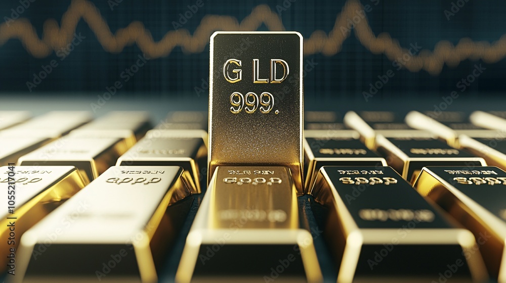 A close-up of gold bullion bars stacked, light glinting off the edges, detailed texture of each bar, financial data overlay with stock market graphs in the background A close-up of gold bullion bars stacked, light glinting off the edges, detailed texture of each bar, financial data overlay with stock market graphs in the background