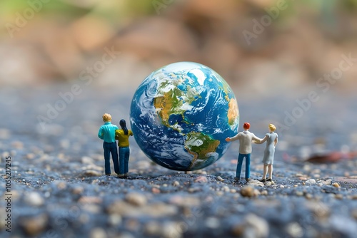 Miniature People Observing the Earth Globe in Detail photo