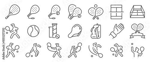 Padel tennis out icon set. It included contexts such as padel tennis, racket, paddle, player, ball, playing, and more. Editable Vector Stroke.
