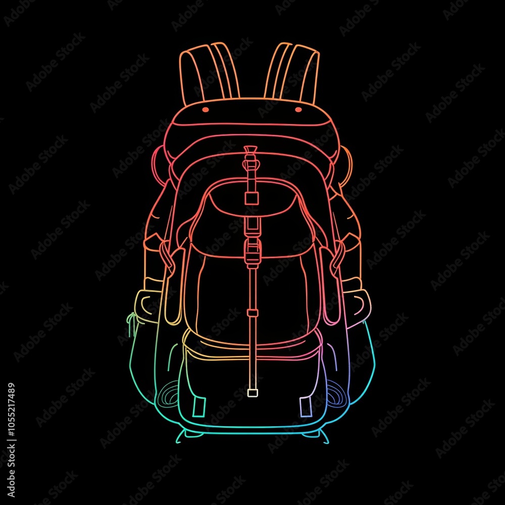 This artwork features a simple illustration of a vibrant outdoor backpack, designed with pastel colors and a flat design style on a black background This artwork features a simple illustration of a vibrant outdoor backpack, designed with pastel colors and a flat design style on a black background