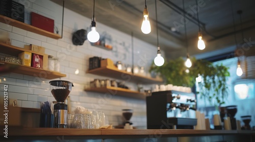 A modern coffee shop interior with hanging lights