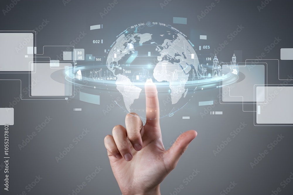 Hand points upward with digital globe, futuristic gray background suggests tech innovation Hand points upward with digital globe, futuristic gray background suggests tech innovation