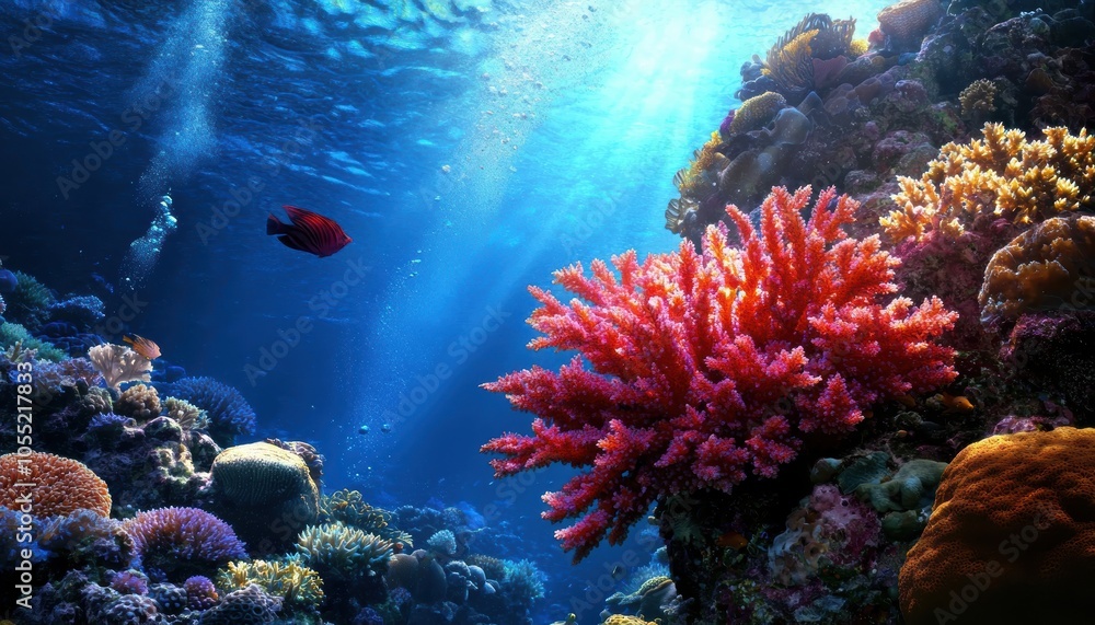 Obraz premium Deep-sea diver exploring a coral reef, surrounded by vibrant fish and underwater life