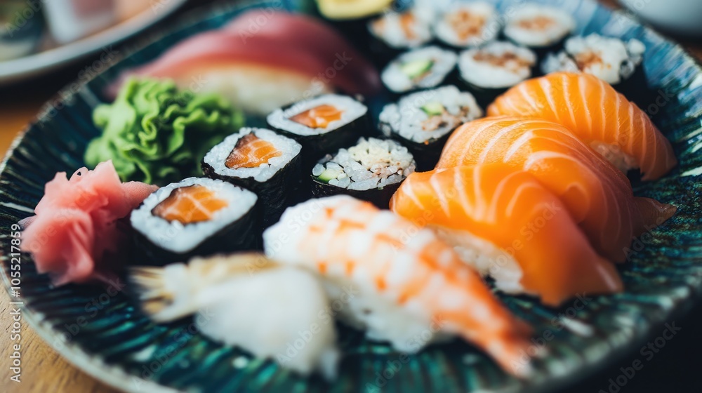 Assortment of Sushi Rolls and Sashimi on a Blue Plate