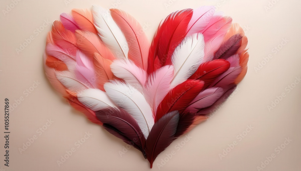 Heart of Feathers. Warm Tones of Red, Pink, and White Arranged in a Heart Shape for Themes of Love, Compassion, and Nature; Perfect for Valentine’s Day, Romance, and Mindfulness Concepts
