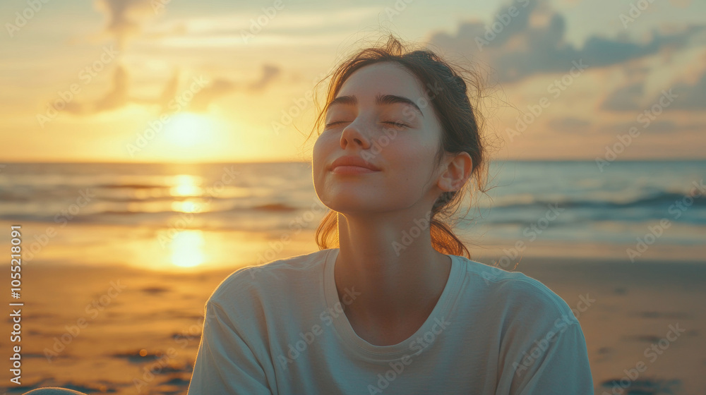 A young woman meditating in lotus position meditation yoga breath on beach near ocean sea lake under sunset sky beautiful serene nature relaxing peaceful atmosphere A young woman meditating in lotus position meditation yoga breath on beach near ocean sea lake under sunset sky beautiful serene nature relaxing peaceful atmosphere