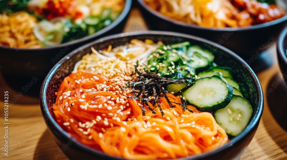 Fresh Noodle Bowls with Vegetables and Sesame Seeds Fresh Noodle Bowls with Vegetables and Sesame Seeds