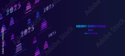 Holiday technology isometric web banner with neon trees icon. Merry Christmas and Happy New Year greeting card. Futuristic ai happy holidays vector design.