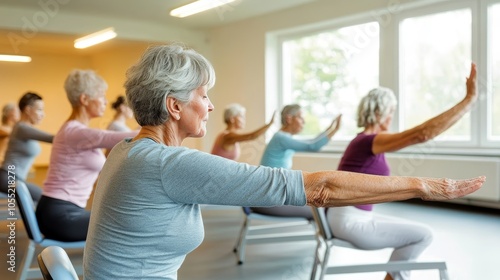 Seniors enjoying chair yoga class at a community center, practicing seated poses with guided instruction
