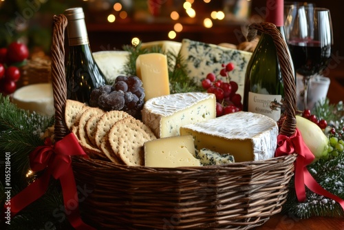 A festive cheese gift basket with a variety of cheeses, crackers, and wine, decorated with ribbons and bows, ideal for holiday celebrations, the thoughtfulness and delight of giving gourmet gifts. photo