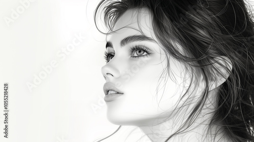 Beautiful woman, pencil drawing, black and white, white background, profile portrait, hair blowing in the wind, high contrast, looking to her right side, pretty eyes 