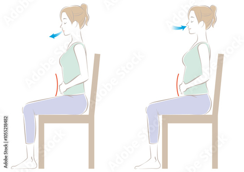 座って腹式呼吸をする女性