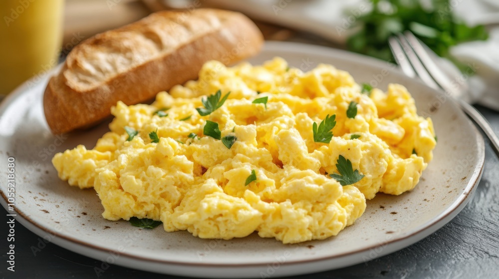 A plate of classic French scrambled eggs, creamy A plate of classic French scrambled eggs, creamy