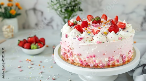 Wallpaper Mural Photography of a close-up of a plate with a slice of birthday cake, adorned with sprinkles and a small birthday candle, set on a decorated table with other party treats for the birthday celebration Torontodigital.ca